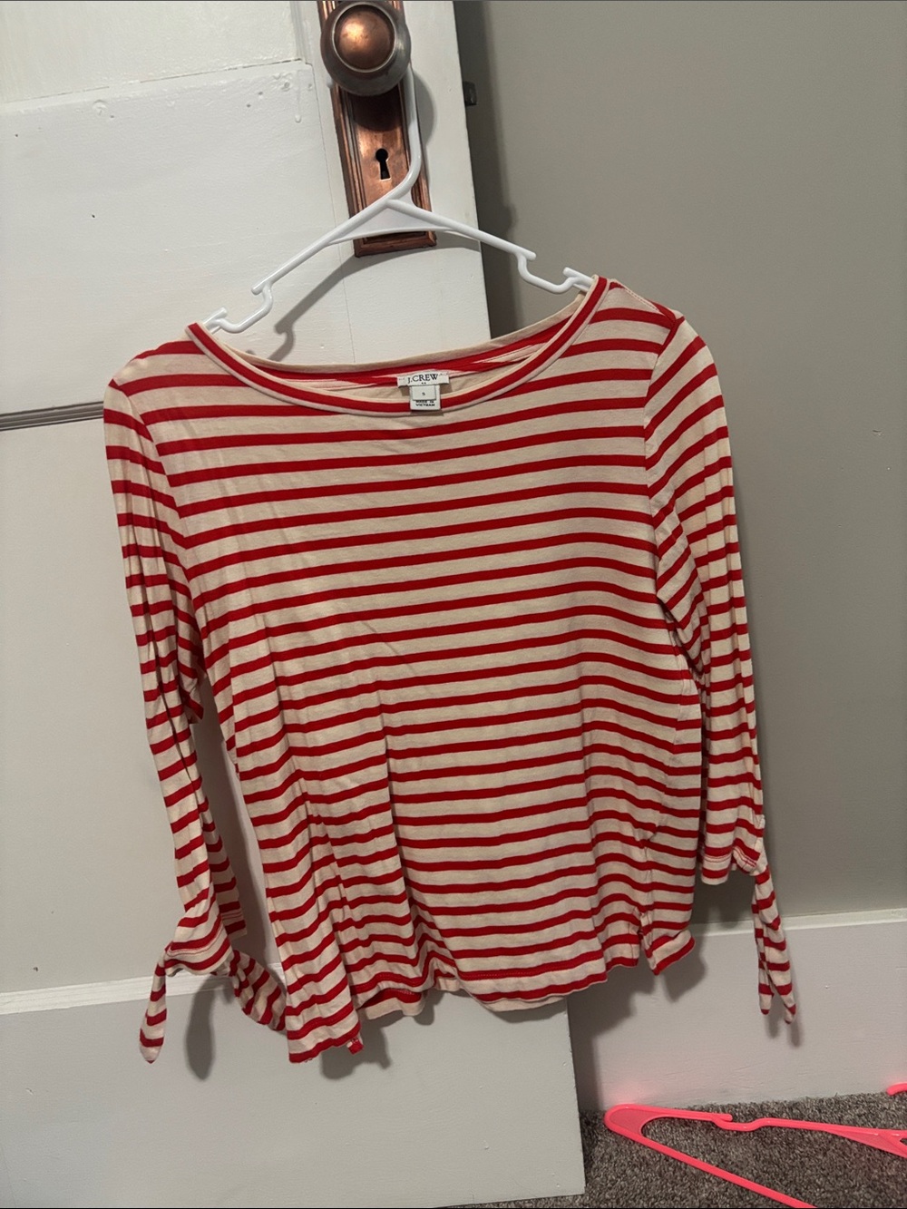 J. Crew Red and Cream Striped Long-Sleeve Tie-Cuff Top